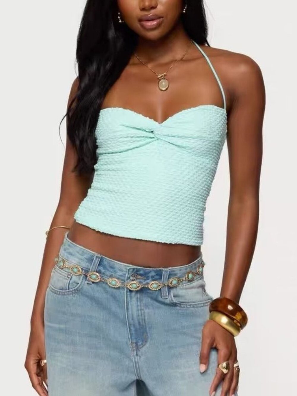 Edikted Mint Aqua Textured Halter Crop Top XS